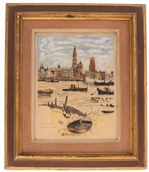 C1920s Dutch Harbour Scene Watercolour on paper