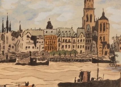 C1920s Dutch Harbour Scene Watercolour on paper