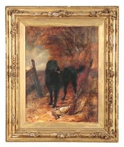 ROBERT NIGHTINGALE 1815 - 1895 - A GUN DOG WITH RIFLE AND RABBIT - OIL ON CANVAS 1873