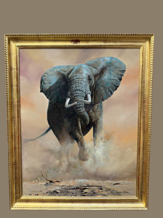 MAXINE BONE (1987) LARGE SIGNED OIL PAINTING ELEPHANT WILDLIFE ANIMAL FRAMED