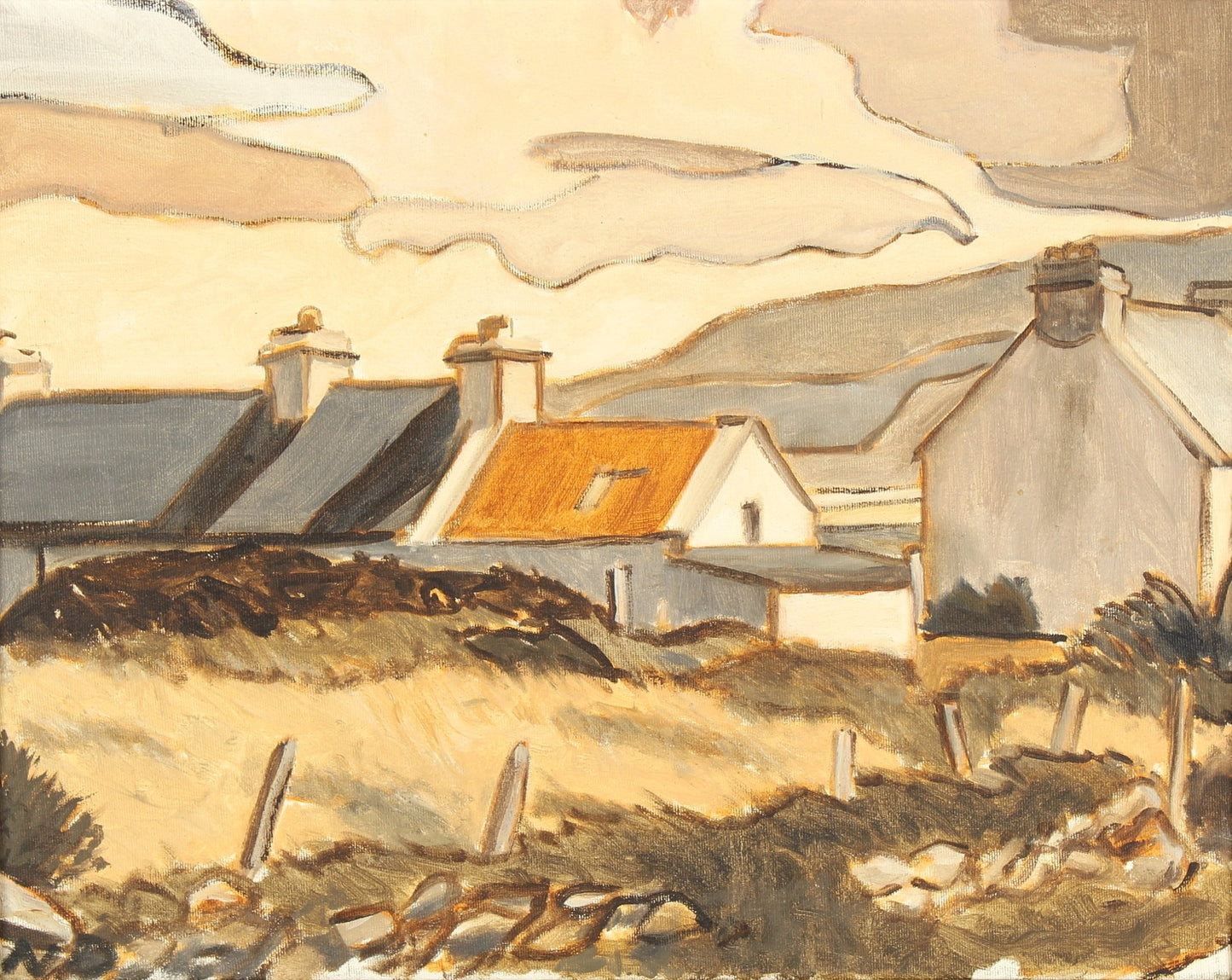 "TURF STACK AND HOUSES AT BALLYCROY, LOOKING OVER BLACKSOD BAY, CO. MAYO, EIRE'