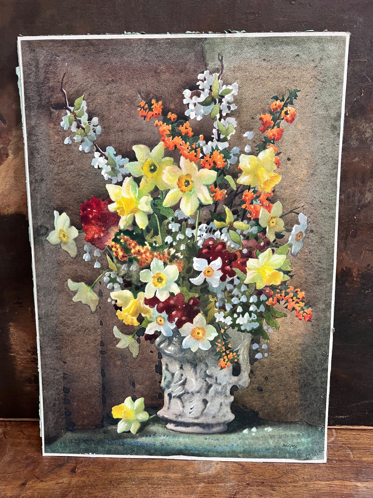 JAMES GRAY ACTIVE 1917 - 1947 LARGE  WATERCOLOUR MIXED FLOWERS