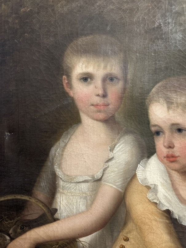 LATE 18TH/EARLY 19TH CENTURY OIL ON CANVAS "CHILDREN WITH DOG AND RABBITS"