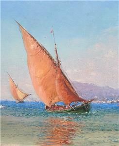 FRANCOIS NARDI 1861 - 1936 OIL ON CANVAS SAILING VESSEL WITH REGATTA IN DISTANCE