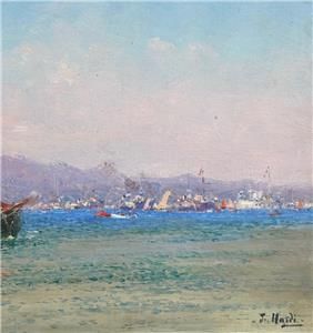 FRANCOIS NARDI 1861 - 1936 OIL ON CANVAS SAILING VESSEL WITH REGATTA IN DISTANCE