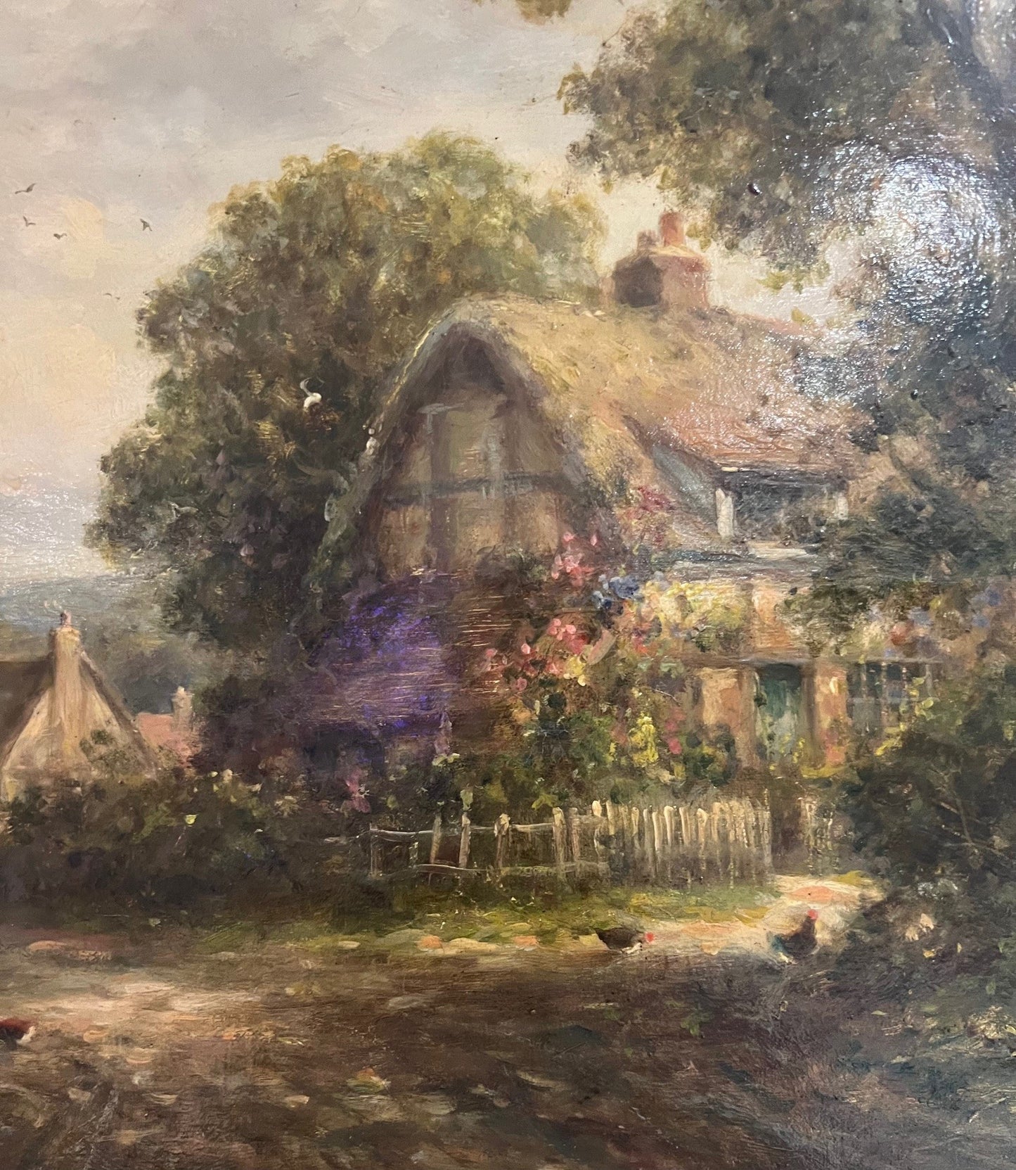 DANIEL SHERRIN 1868-1940 OIL ON CANVAS LANDSCAPE WITH THATCHED COTTAGE