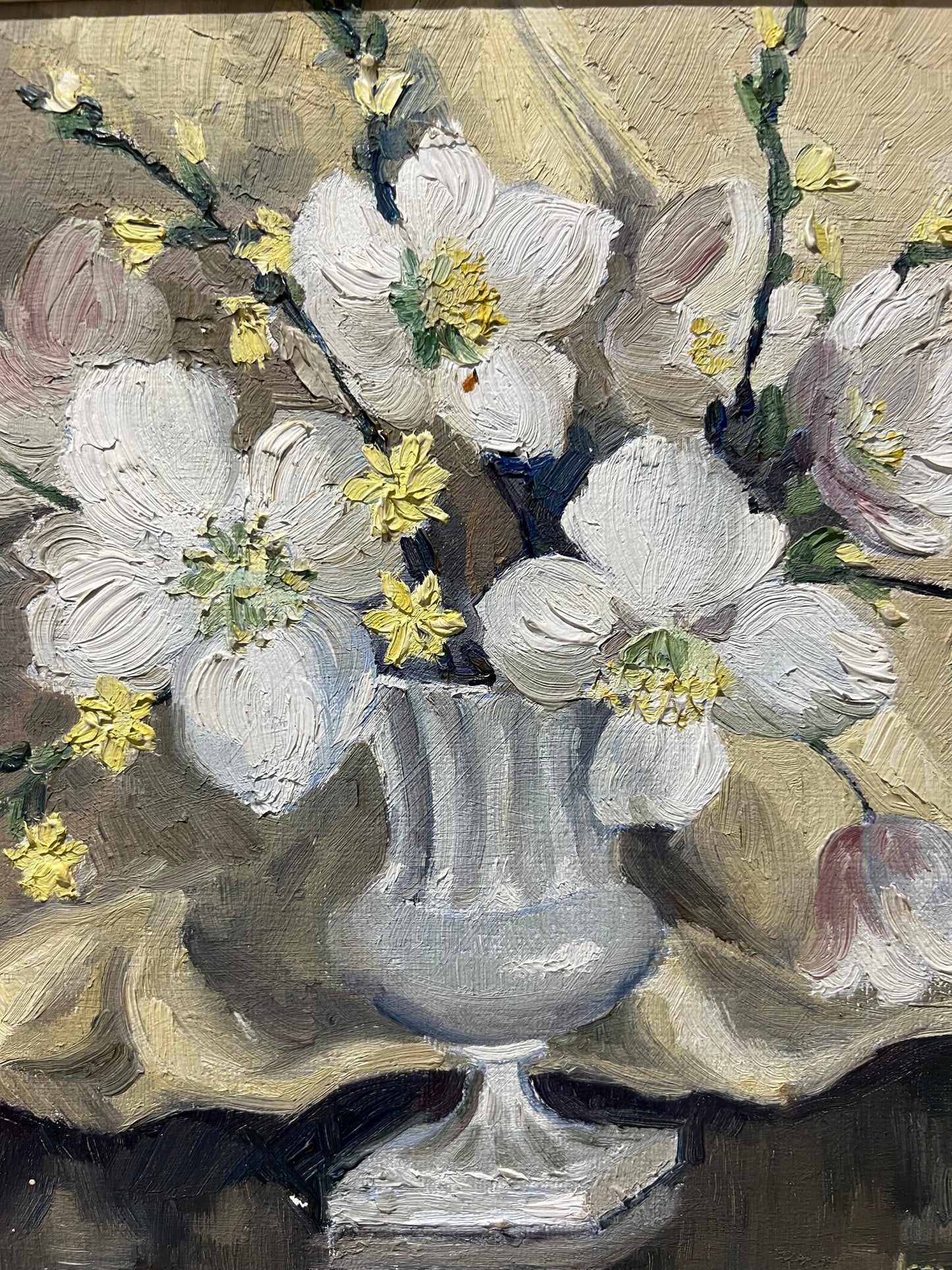 Olio su tavola degli anni '50 Natura morta floreale di Joan Hatfield