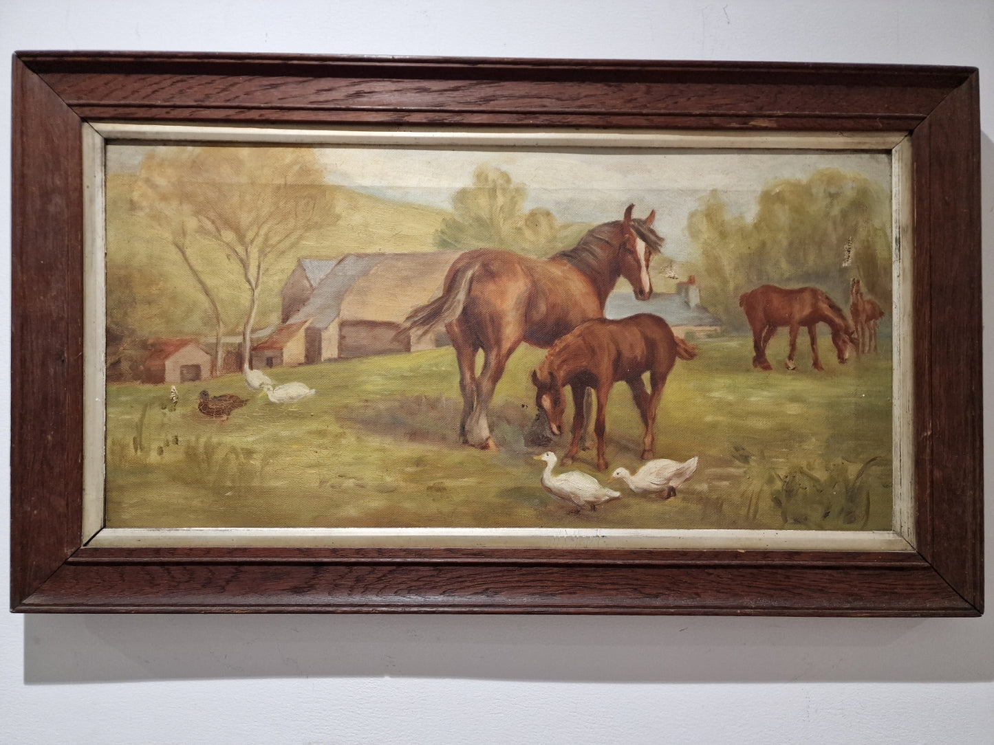 Early 20th Century Oil on Canvass Mare and Foal Grazing in an Idyllic Pasture with Ducks