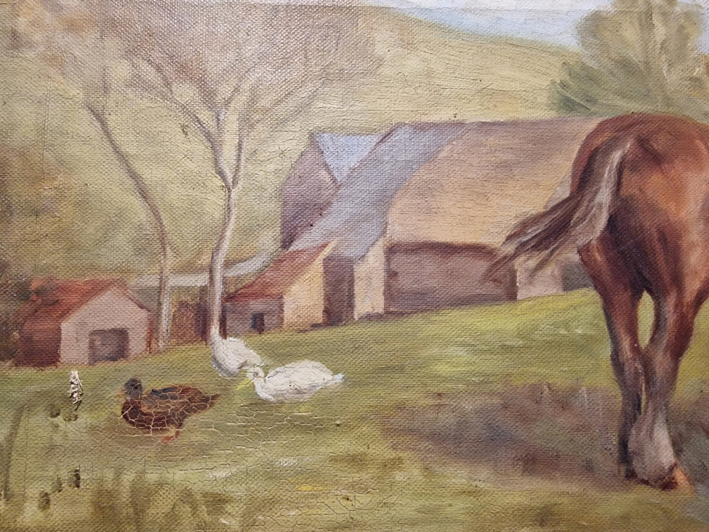 Early 20th Century Oil on Canvass Mare and Foal Grazing in an Idyllic Pasture with Ducks