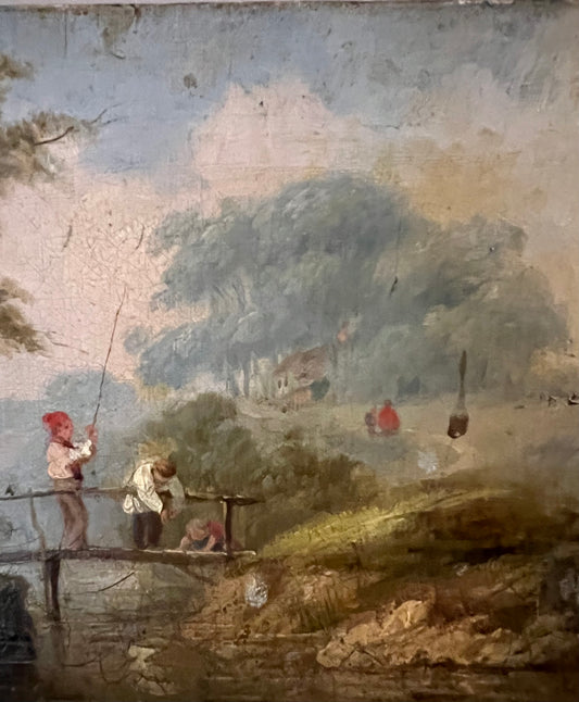 Early 19thcentury Oil On Canvas of Small Boys Fishing