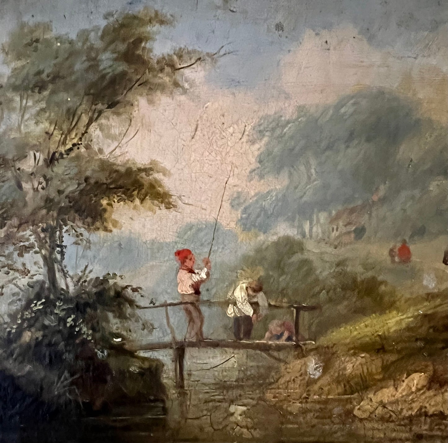 Early 19thcentury Oil On Canvas of Small Boys Fishing