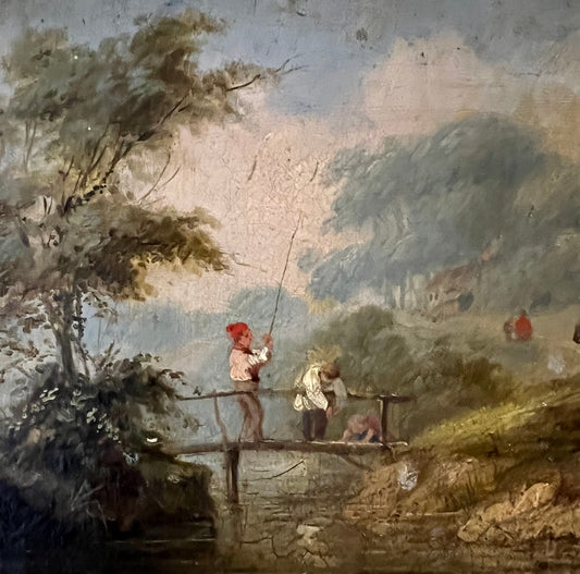 Olio su tela dell'inizio del XIX secolo raffigurante piccoli ragazzi che pescano