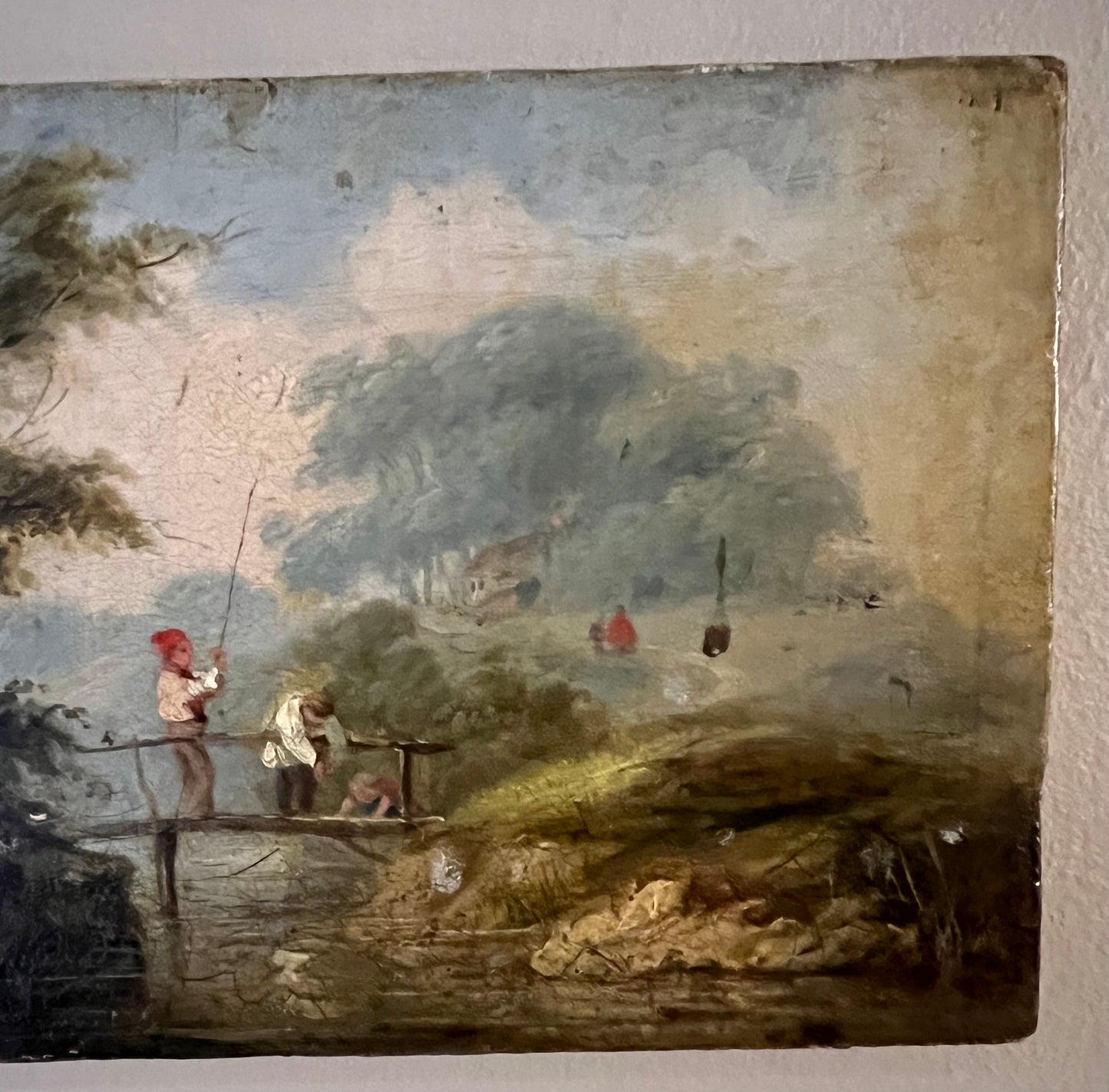 Early 19thcentury Oil On Canvas of Small Boys Fishing