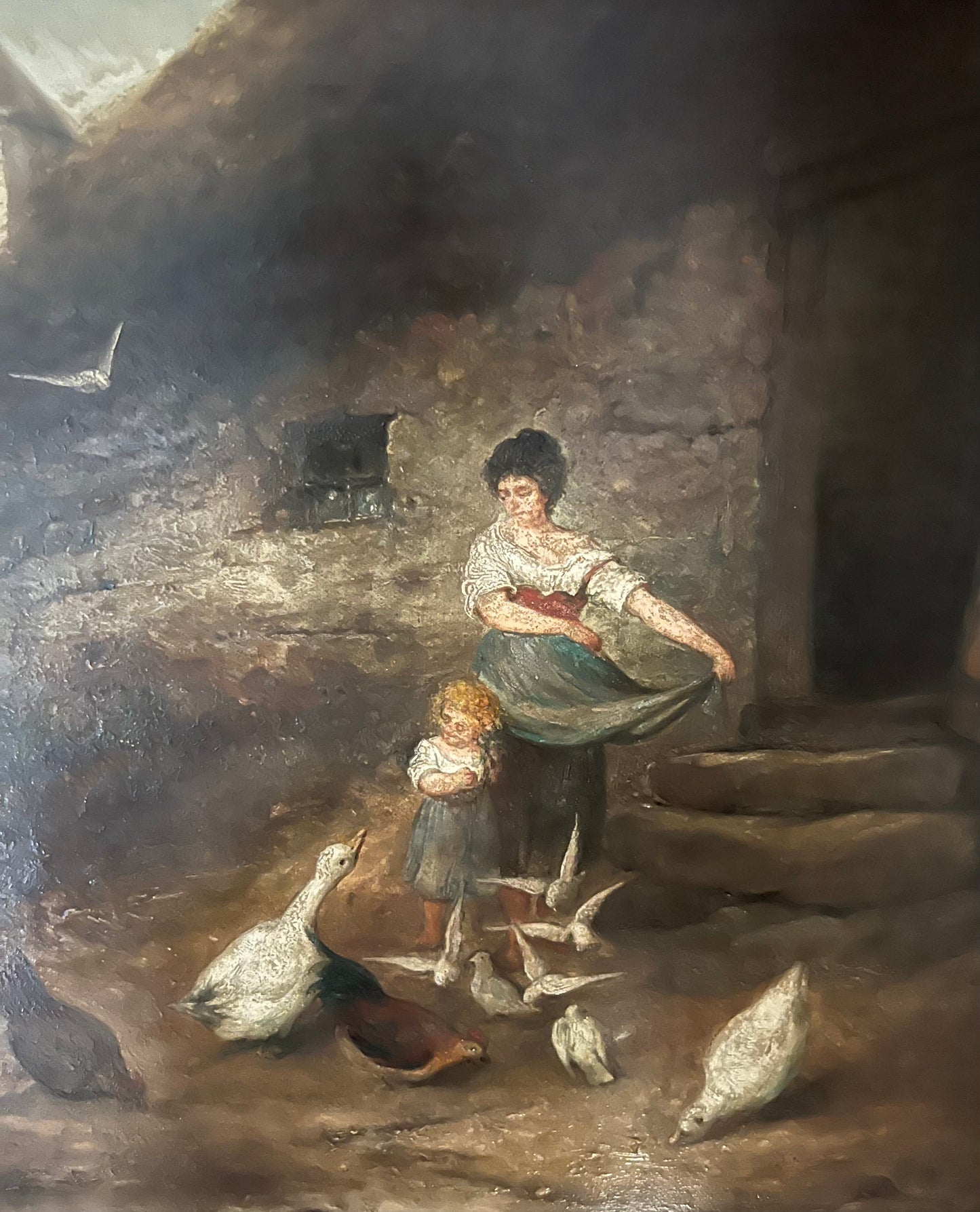 Mother and Child with Birds Oil on panel by Carlo Mancini (1829-1910) Italian