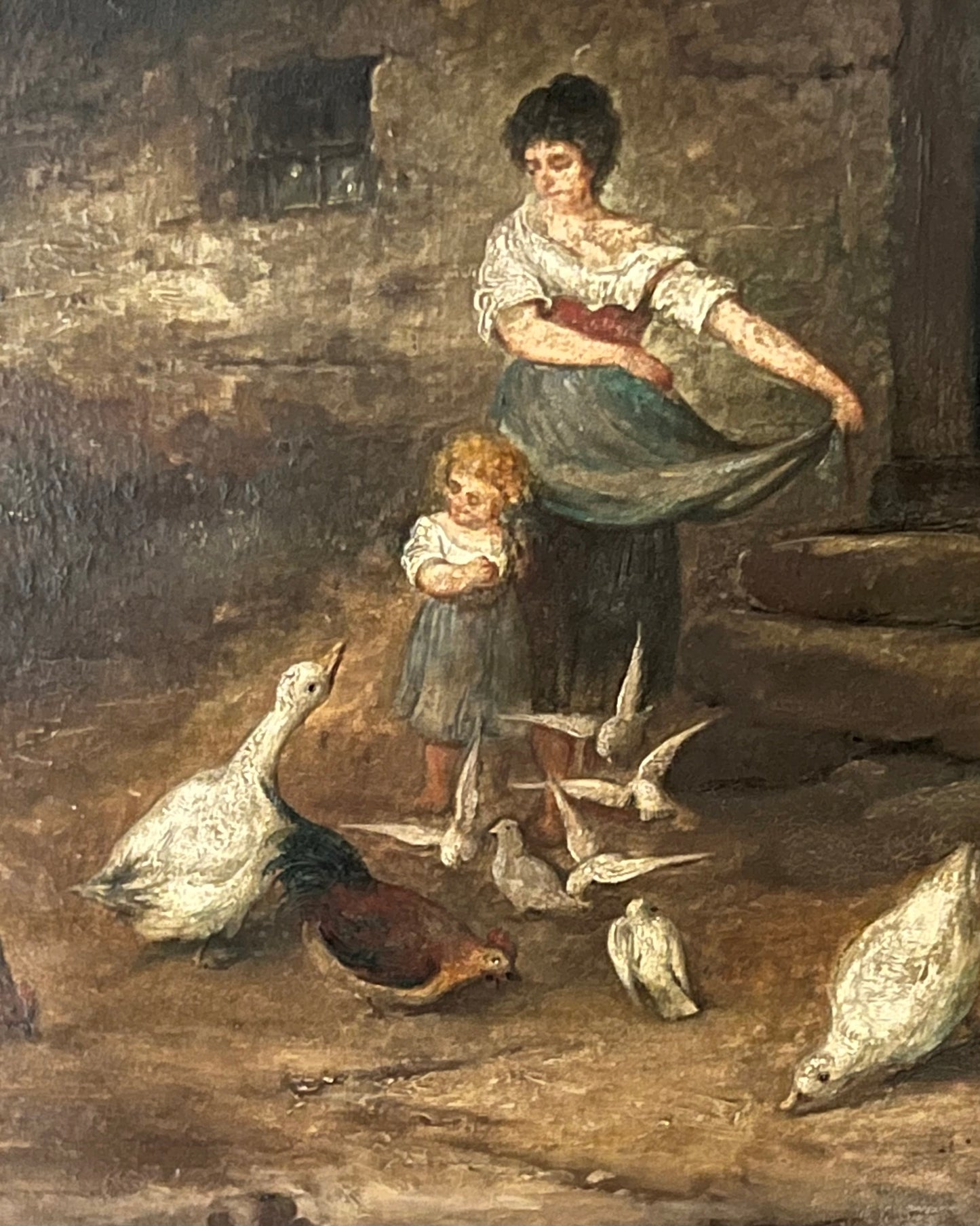 Mother and Child with Birds Oil on panel by Carlo Mancini (1829-1910) Italian
