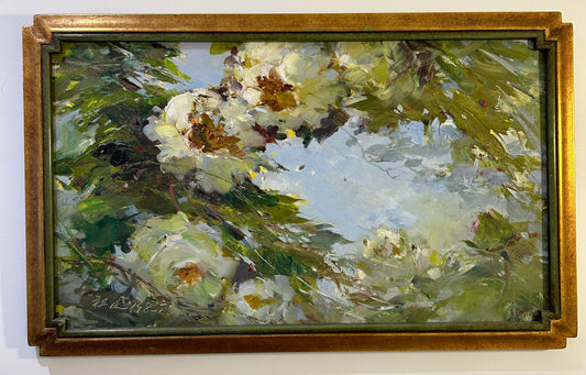 Abstract Chinese Water Lilies Oil on Canvas in an Oriental Frame