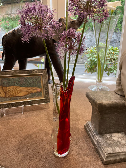Mid Century Art Glass Red Lava Vase