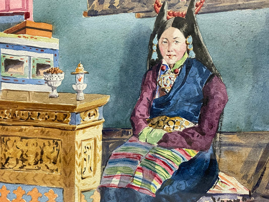 Kanwal Krishna 1910-1993 Watercolour - Portrait Girl Lhasa