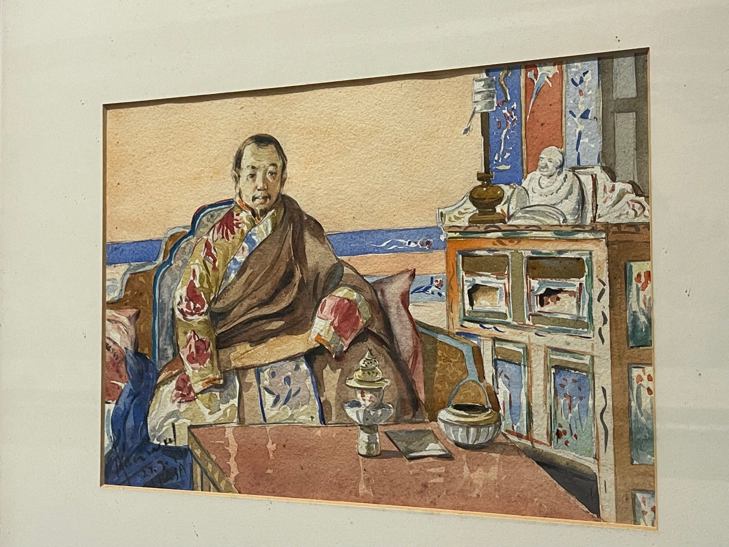 Kanwal Krishna 1910-1993 Acquerello originale Lhasa - Buddista