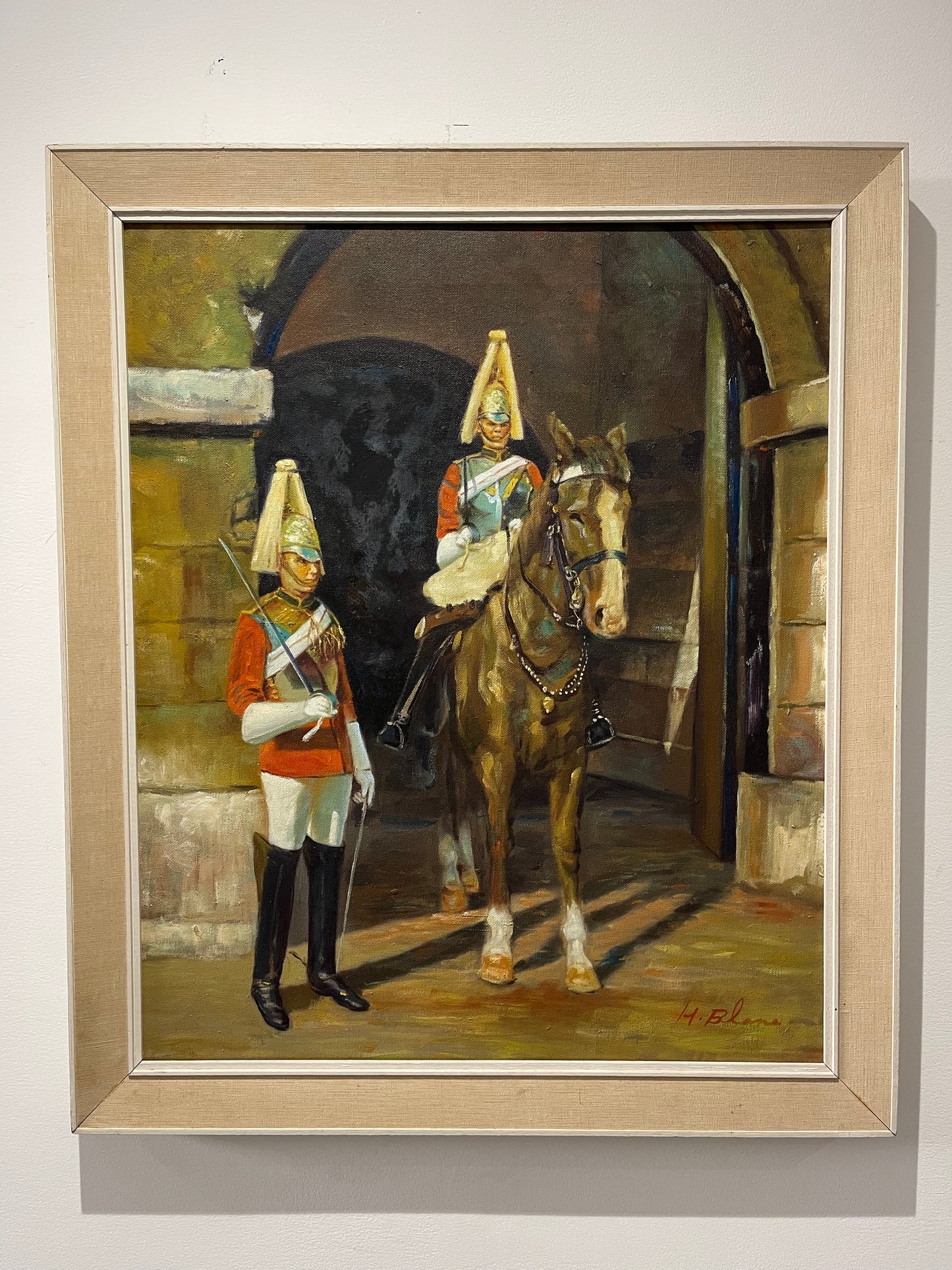 Dipinto a olio degli anni '70 - Guardie a cavallo, St James Palace di Londra