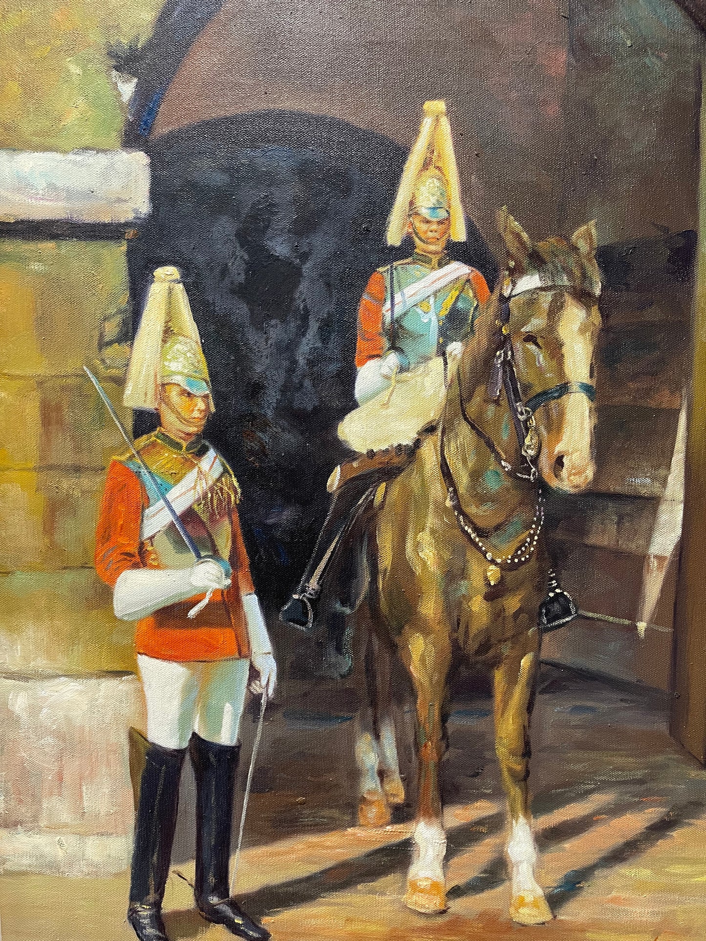 Dipinto a olio degli anni '70 - Guardie a cavallo, St James Palace di Londra