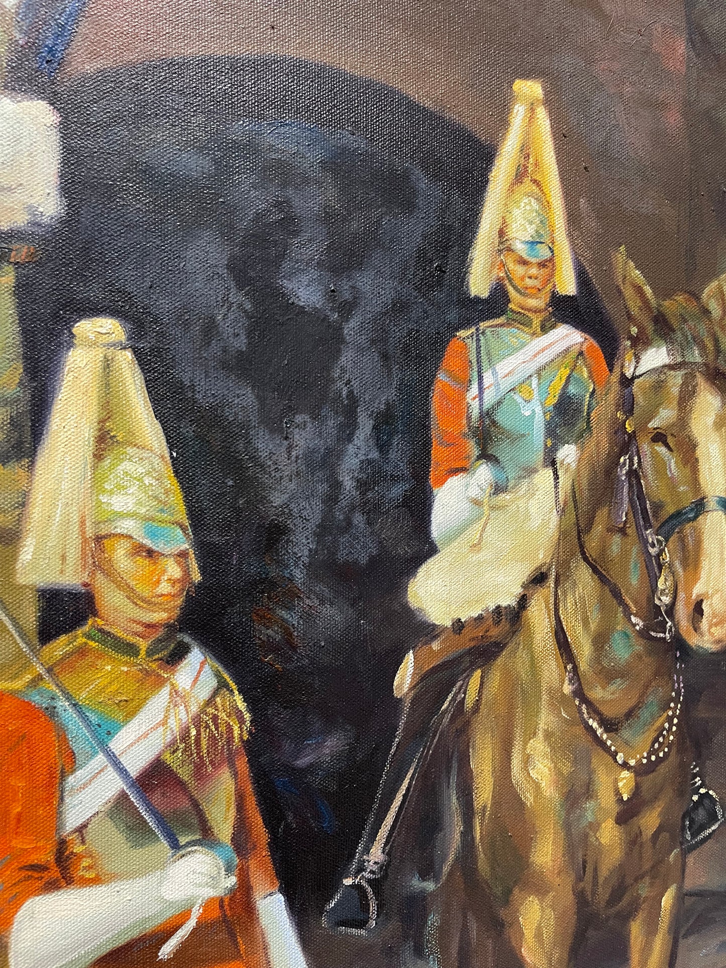 Dipinto a olio degli anni '70 - Guardie a cavallo, St James Palace di Londra