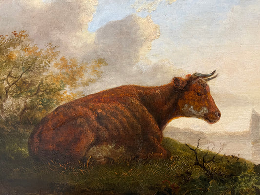 STILE: Jacob van Stry (1756-1815) Dipinto a olio di scuola olandese della metà del XVIII secolo "Mucca nel campo con vista su un canale"