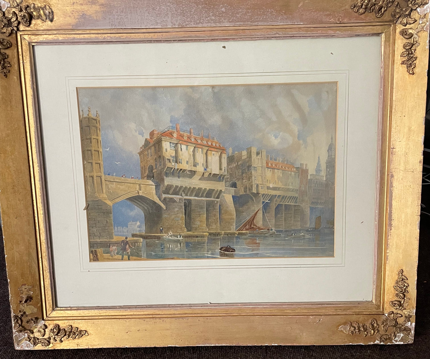 Old London Bridge Watercolour in Gilt and Gesso Frame