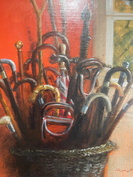 Henry Koehler (Americano nato nel 1927), The Stick stand, olio su tela, con cornice, firmato in basso a destra,