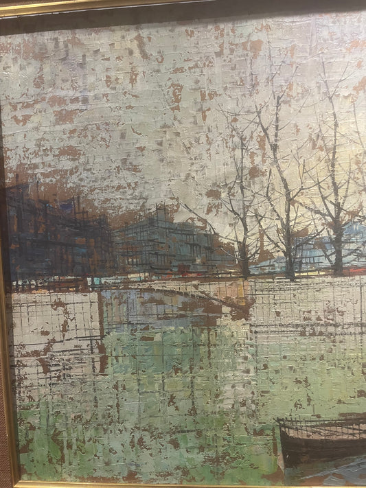 Chiatta del canale urbano Olio della metà del secolo su tela