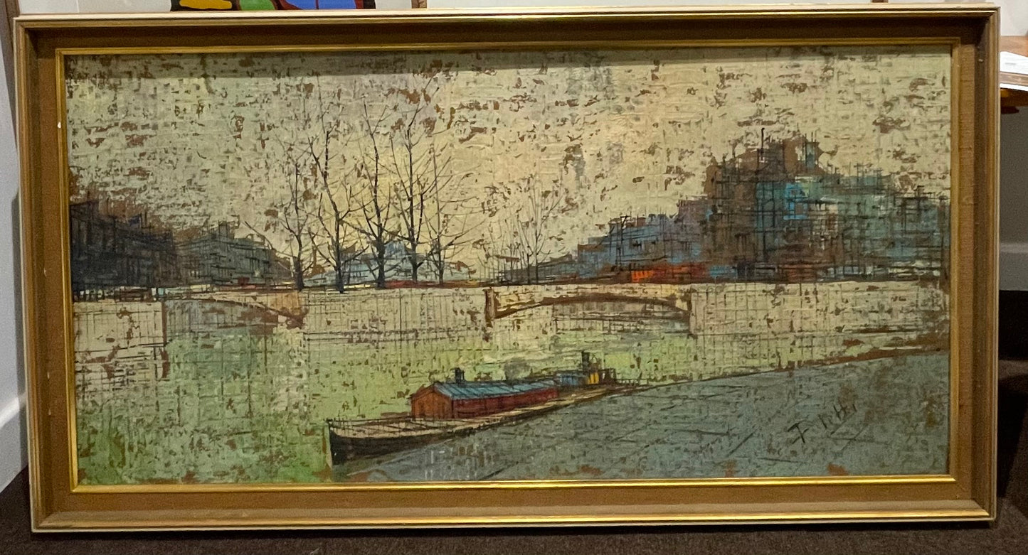 Urban Canal Barge Mid Century Oil on Canvas
