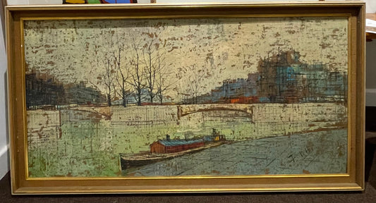 Chiatta del canale urbano Olio della metà del secolo su tela