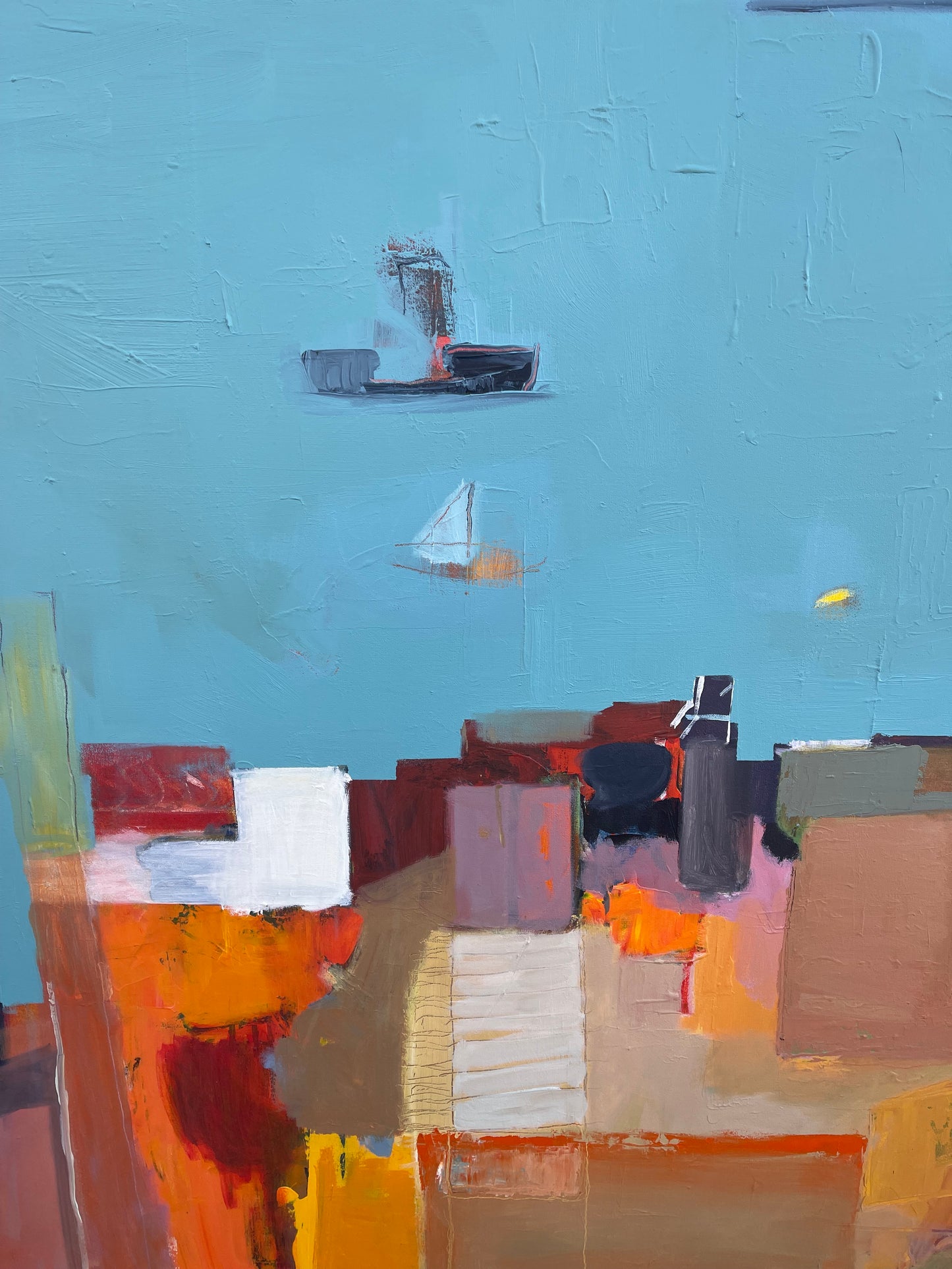 Mary Visser b. 1971 Large Scale Abstract Oil on Canvas Harbour Scene