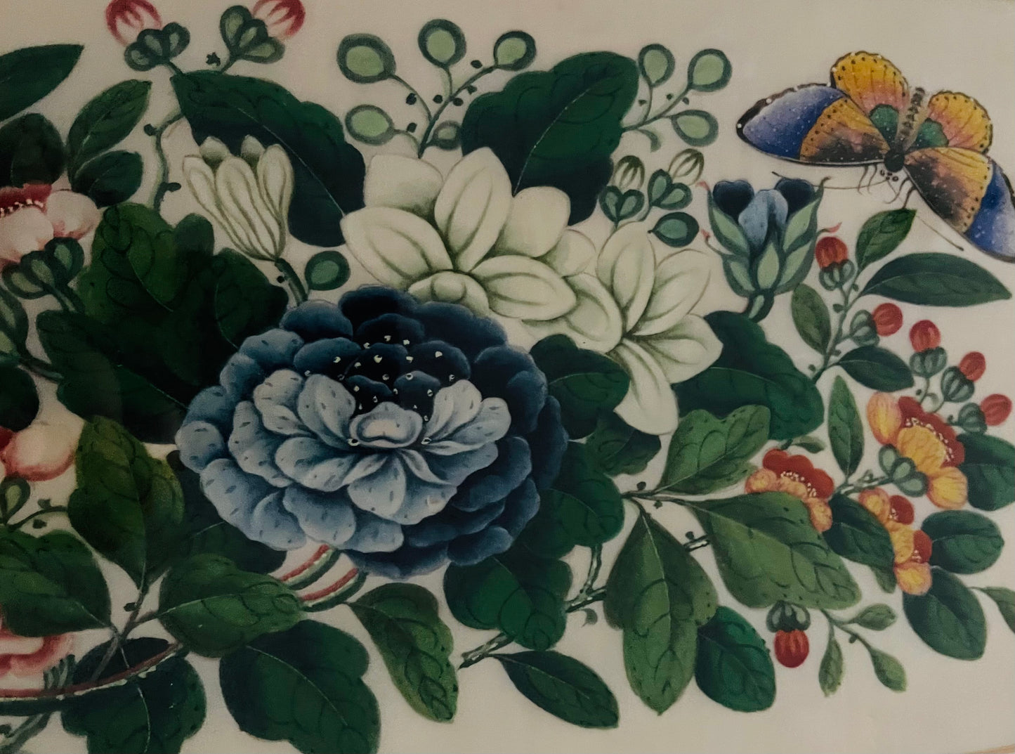 Chinese pith paper painting c1860s Flowers & butterfly