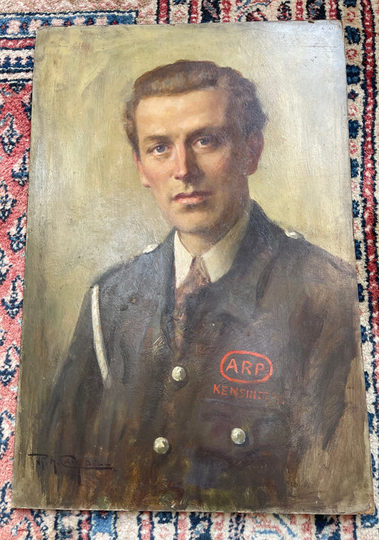 C1940S PITTURA A OLIO RITRATTO WW11 UFFICIALE ARP KENSINGTON - REGINALD HENRY CAMPBELL 1877-1962