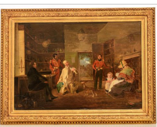 Colonial Pharmacy- Muller, Colonial School- 19th century Oil on Canvas