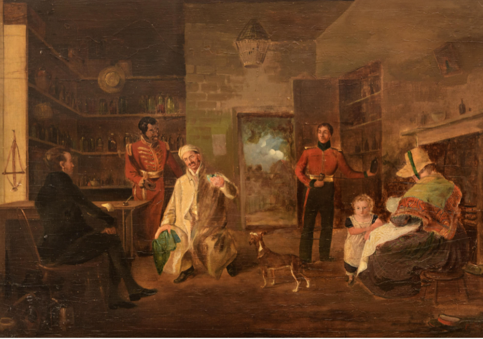Colonial Pharmacy- Muller, Colonial School- 19th century Oil on Canvas