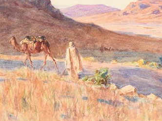 ALPHONSE BIRCK (FRANCESE 1859-1942)BEDUINO IN UN PAESAGGIO DESERTO (probabilmente Algeria)