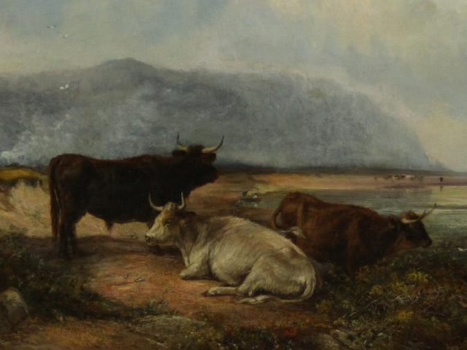 Victorian Oil On Canvas Cows in Pasture