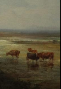 Victorian Oil On Canvas Cows in Pasture