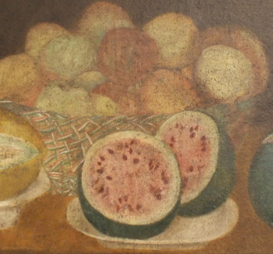 Superb American 19th century Folk/Primitive Art Still Life of Melons and Oranges.