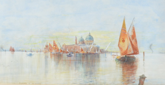 Splendido acquerello dell'inizio del XX secolo, Afterglow, Pescheria, Venezia, firmato