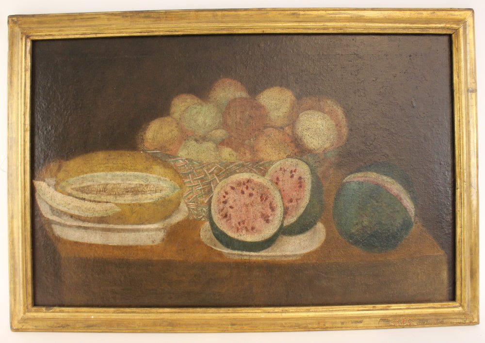 Superb American 19th century Folk/Primitive Art Still Life of Melons and Oranges.