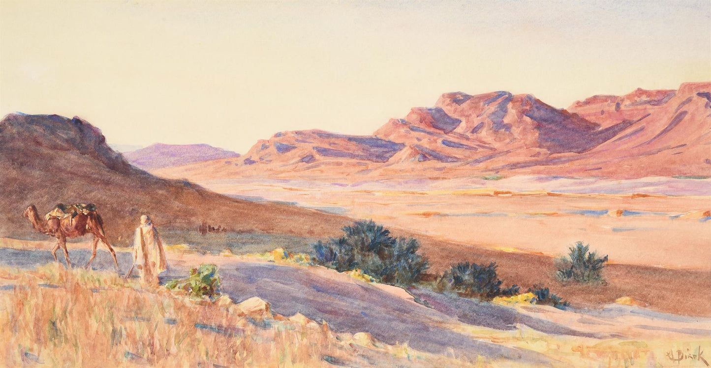 ALPHONSE BIRCK (FRANCESE 1859-1942)BEDUINO IN UN PAESAGGIO DESERTO (probabilmente Algeria)