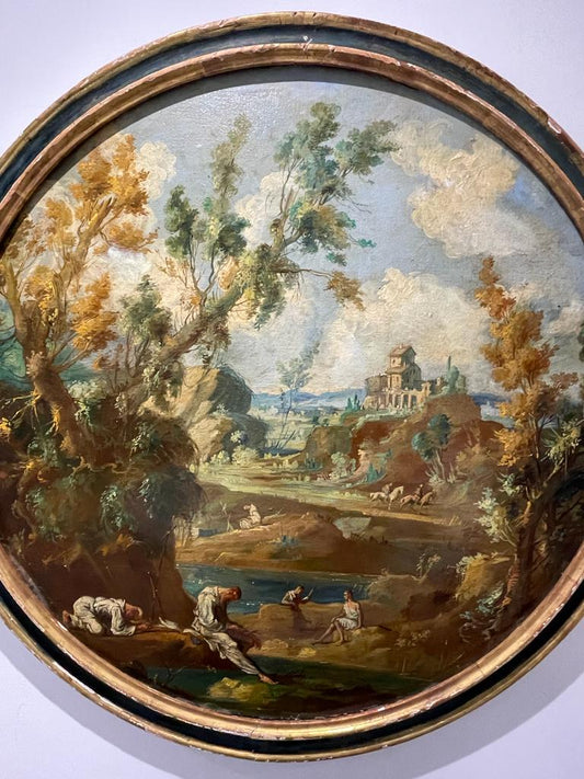 Alessandro Magnasco 1667 - 1749 Grande (1 metro di larghezza) Olio su tela Paesaggio italiano.