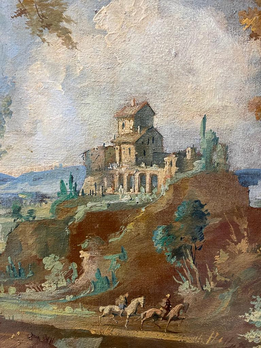 Alessandro Magnasco 1667 - 1749 Grande (1 metro di larghezza) Olio su tela Paesaggio italiano.