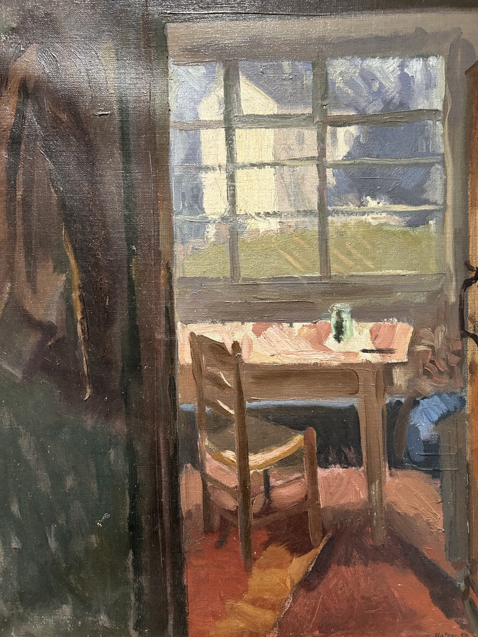 Camera ad olio su tela della metà del secolo con vista