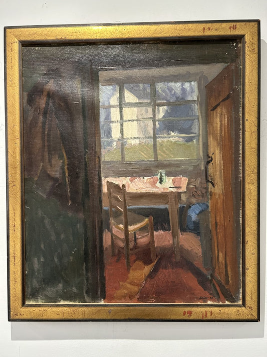 Camera ad olio su tela della metà del secolo con vista
