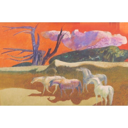 Millard Owen Sheets (1907 - 1989) Acquerello originale - Cavalli della sera